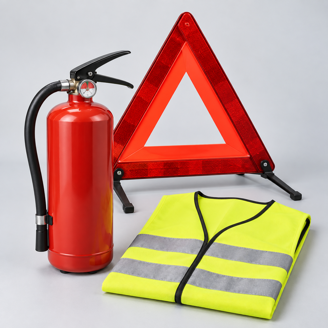 Illustration du pack : extincteur, gilet jaune et triangle de signalisation